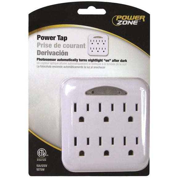 Powerzone OR801105 Grounded Outlet Tap, 125 V, 15 A, 6 Outlet, White
