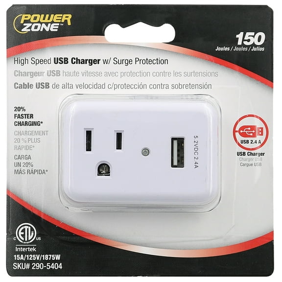 PowerZone ORUSB241S Surge Protector Tap, 2-Pole, 125 V, 15 A, 1-Outlet, 150 Joules Energy