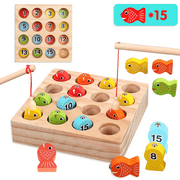 Powiller 18 PCS Wooden Fishing Game, Magnetic Letter Fishing Toys Learning Educational Toys with Fishing Pole Game Play Set For 3 4 5 Years Old Girl Boy Kids