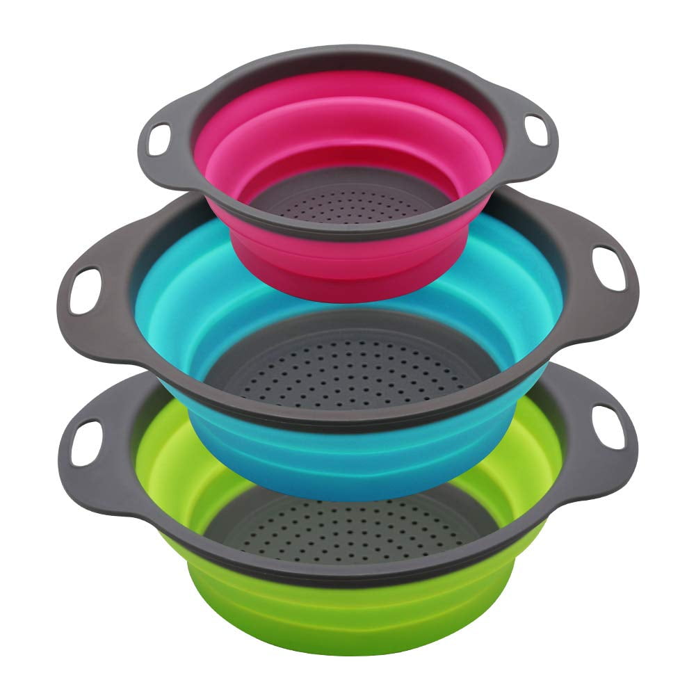 Powiller Collapsible Colander Set of 3 Round Silicone Plastical Kitchen Strainer Set for Prep(Green,Blue,Red)