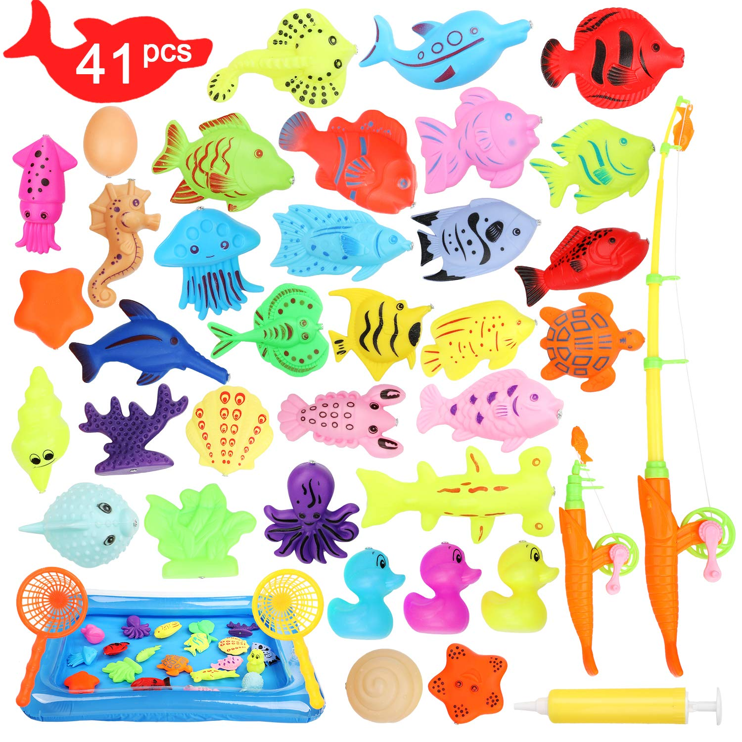 Ucradle Magnetic Fishing Toy, 41 PCS Waterproof Magnet Fishing Game  Educational Bath Toy Play Set, Great Gift For Toddlers Kids with Fishes, 2  Pole