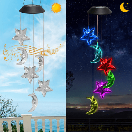 Powiller Solar Star & Moon Wind Chimes Outdoor Solar Wind Chimes, Color Changing LED Mobile Wind Chimes, Waterproof Wind Bell Lights Gifts for Mom, for Home, Party, Yard, Garden Decoration