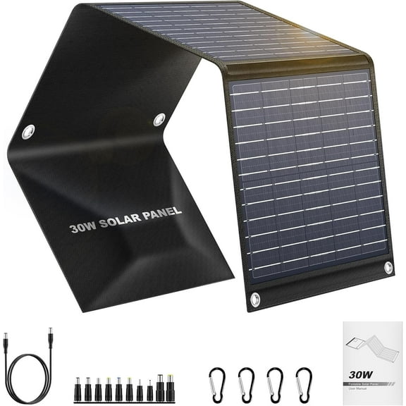 Powkey 30W Foldable Solar Panel Charger, Portable Solar Charger with QC 3.0 USB-A, USB-C & DC Output for Power Stations, Power Banks, Phones, iPads, RV, Camping & Hiking