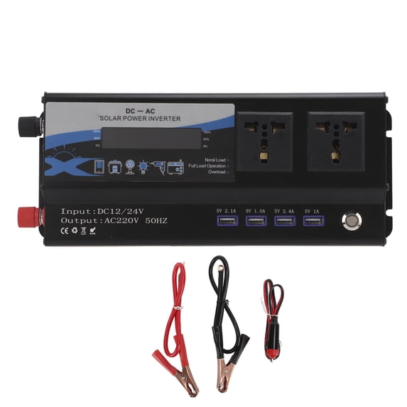 Powkky Car Power Inverter Rated 900W DC 12/24V to AC 220V 50HZ Double Socket with Ambient Light 4 USB Ports Modified Sine Wave