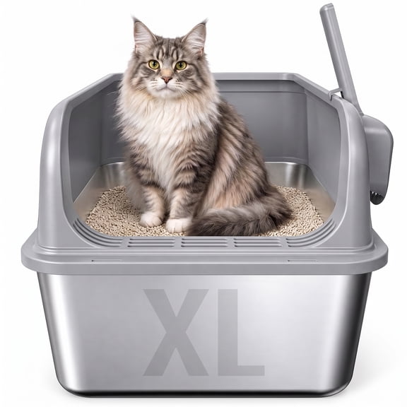 Powools Cat Litter Box, Stainless Steel High-Sided, 23.8 x 15.9 Inches, 6-Inch Deep Pan, with Litter Scoop, Gray