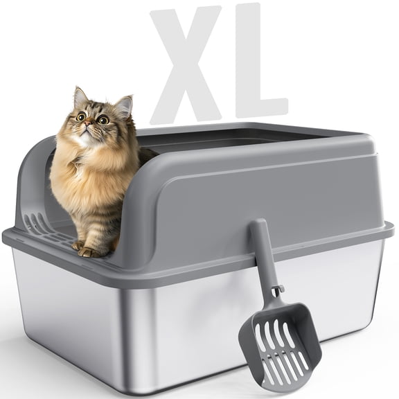 Powools Cat Litter Box, Stainless Steel High-Sided, 23.8 x 15.9 Inches, 6-Inch Deep Pan, with Litter Scoop, Gray