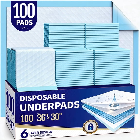 Powools Bed Pads, 6-Layer Pee Pads for Adults, Leakproof Disposable Chuck Pads for Baby, Incontinence, Puppy, 100 Count, 36" x 30"
