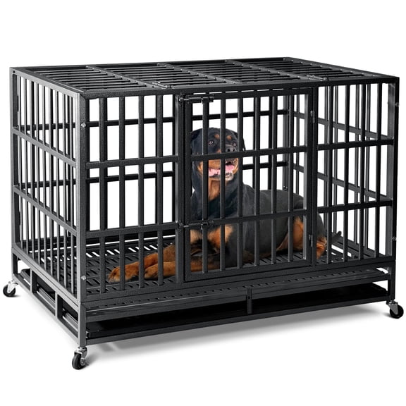 Powools Heavy-Duty Dog Crate for Large High-Anxiety Dogs, Double Door, 6 Locking Caster Wheels, Double Spring Latches, Removable Tray, 41.5" x 26.2" x 30.5"