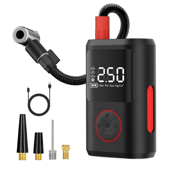 Powools Tire Inflator Portable Air Compressor,Air Pump for Auto, Motorcycle, Bicycle, Balls with Pressure Gauge, LED Light & Car Accessories, Black, Standard Capacity