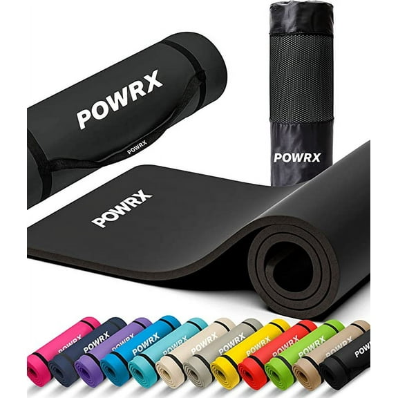 Powrx UK Extra-Thick Exercise Yoga Mat, Non-Slip Yoga Mat with Carrying Strip and Bag, Large, 0.6" Thick, Rubber