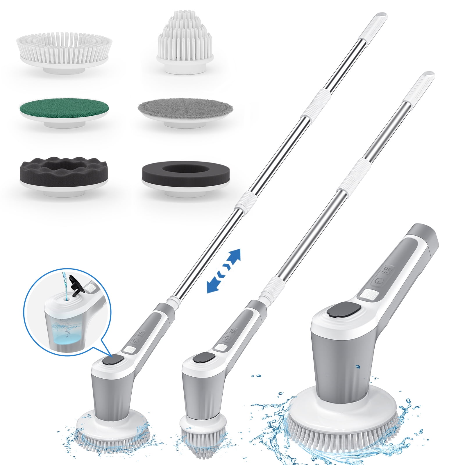 Powtree Electric Spin Scrubber Cordless Bathroom Cleaning Brush with Extension Handle and 6 Replaceable Brush Heads Support IP68 Waterproof for Bathroom Bath Tub Shower Tile Floor