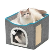 PoyPet Cat Beds for Indoor - Large Cat Cave for Pet, Cat House with Fluffy Ball Hanging and Scratch Pad,Grey