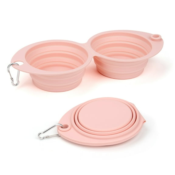 PoyPet Collapsible and Portable Travel Dog & Cat Bowls, 2 in 1 Large Silicone Pet Bowls, Pink
