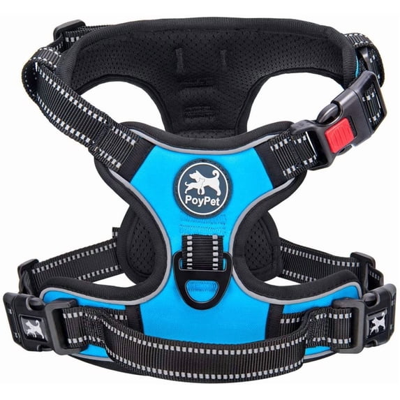 PoyPet Dog Harness No Pull,Adjustable Soft Padded Pet Vest with Easy Control Handle,No Choke Reflective Front Dog Harness for Small Medium Large Dogs,Blue L