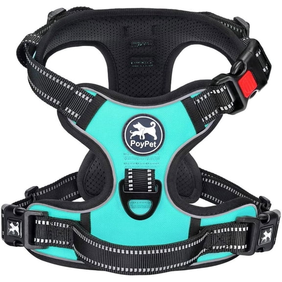 PoyPet Dog Harness No Pull,Adjustable Soft Padded Pet Vest with Easy Control Handle,No Choke Reflective Front Dog Harness for Small Medium Large Dogs,Mint Blue L