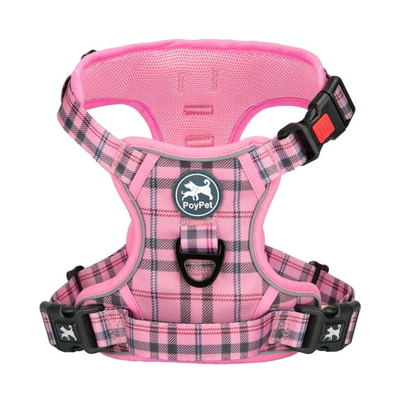 PoyPet Dog Harness,[Release at Neck] No-Pull Pet Harness with Easy Control Handle,Adjustable Reflective No-Choke Soft Pet Oxford Vest for Small Medium Large Dogs(Checkered Pink,M)