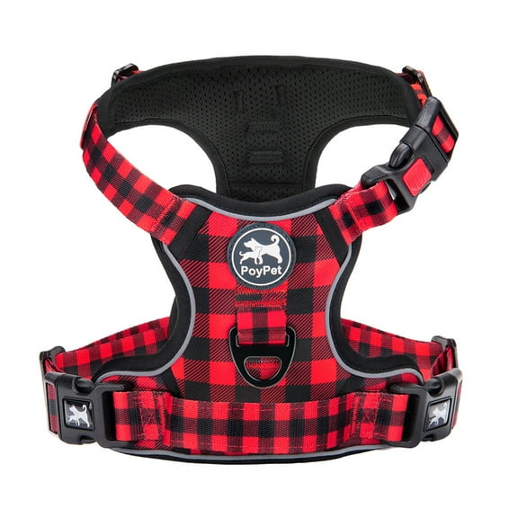 PoyPet Dog Harness,[Release at Neck] No-Pull Pet Harness with Easy Control Handle,Adjustable Reflective No-Choke Soft Pet Oxford Vest for Small Medium Large Dogs(Checkered Red,M)