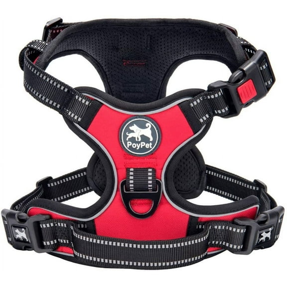 PoyPet No Pull Dog Harness,No Choke Front Lead Dog Reflective Harness,Adjustable Soft Padded Pet Vest with Easy Control Handle for Small to Large Dogs,Red L