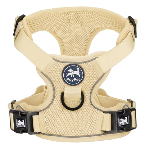 PoyPet Reflective Soft Breathable Mesh Dog Harness Choke-Free Double Padded Vest with Adjustable Neck and Chest,Khaki S