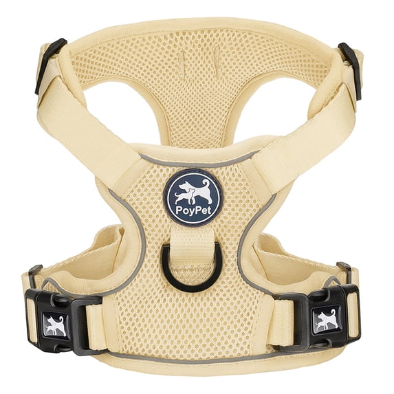 PoyPet Reflective Soft Breathable Mesh Dog Harness Choke-Free Double Padded Vest with Adjustable Neck and Chest,Khaki S