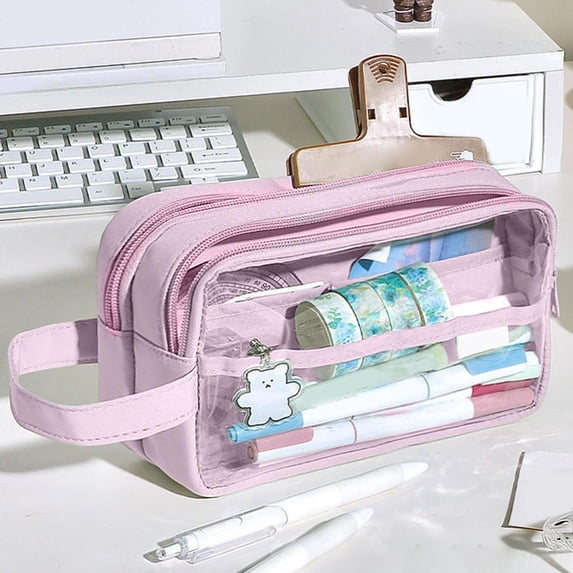 PoyoKee 1pc Cute Pencil Case, Transparent Large Capacity Cloth Pencil Pouch, Portable Rectangular Storage Pen Bag for Classroom Desk Organizer, Purple