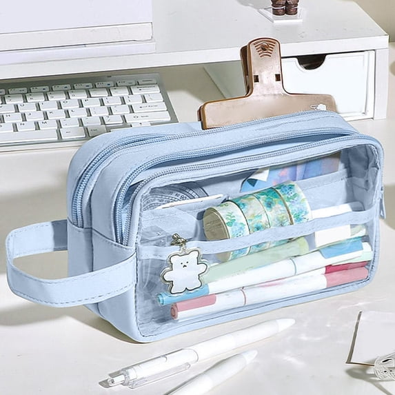 PoyoKee 1pc Cute Pencil Case, Transparent Large Capacity Cloth Pencil Pouch, Portable Rectangular Storage Pen Bag for Classroom Desk Organizer, Blue