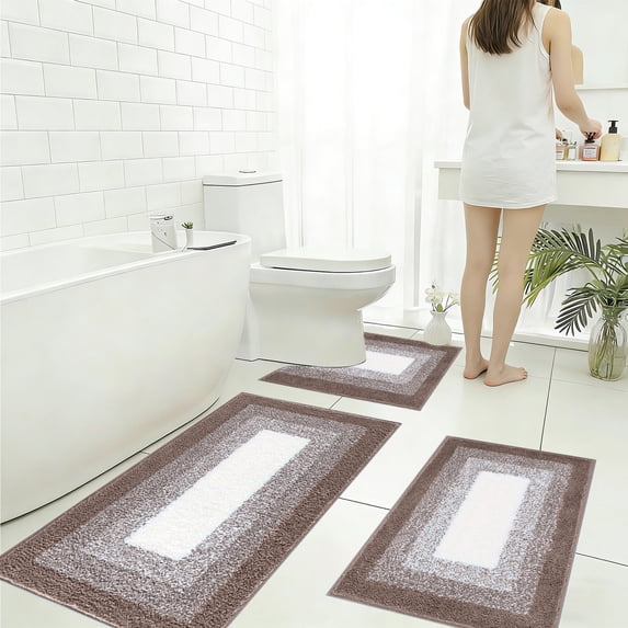 PoyoKee 3pcs Bathroom Rugs, Soft Microfiber Bath Mat, Non-Slip Absorbent Bath Rugs with U Shape, Bathroom Mats Home Decor, 15"x47", Brown