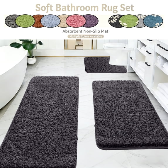 PoyoKee 3pcs Soft Bathroom Rugs, Memory Foam Bath Mat, Non-Slip Absorbent Bathroom Rug for Laundry, Bath Mats Home Decor, 15"x31", Black