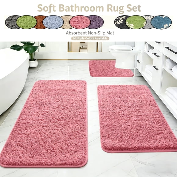 PoyoKee 3pcs Soft Bathroom Rugs, Memory Foam Bath Mat, Non-Slip Absorbent Bathroom Rug for Laundry, Bath Mats Home Decor, 15"x31", Pink