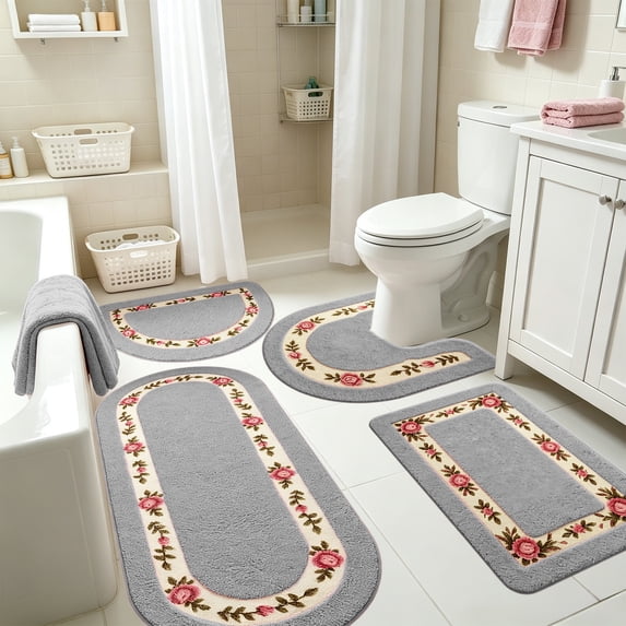 PoyoKee 4pcs Bathroom Rugs, 47" x 19.6" Rose Floral Absorbent Bath Mat, Non Slide Washable Rugs for Bedroom Shower Toilet Tub, Room Decor, Gray