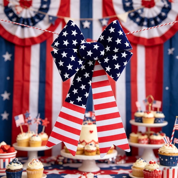 PoyoKee 4th of July Decorations Bow for Front Door, Red White Blue Ribbon Bows, Patriotic Decorations for Party Independence Day Memorial Day, 1pc