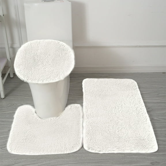 PoyoKee Bathroom Rugs, 3Pc Non-Slip U-Shape Commode Contour Toilet Rug with Rubber Back, Super Water Absorbent, Soft, Thick, Easier to Dry Foam Shower Bath Mat for Bathroom, White
