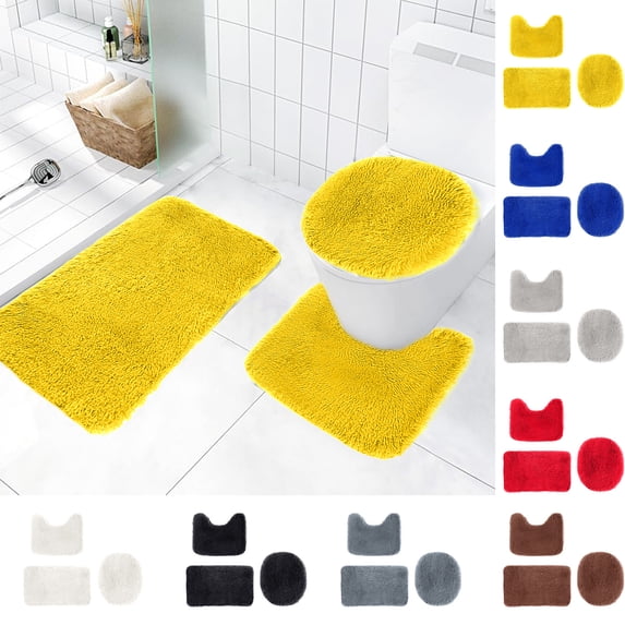 PoyoKee Bathroom Rugs, 3Pc Non-Slip U-Shape Commode Contour Toilet Rug with Rubber Back, Super Water Absorbent, Soft, Thick, Easier to Dry Foam Shower Bath Mat for Bathroom, Yellow