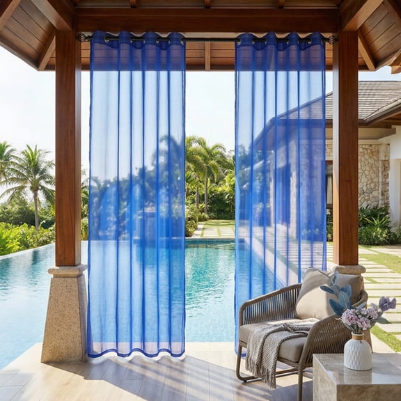 PoyoKee Blue Sheer Curtains for Living Room, Chiffon Translucent Rod Pocket Curtains for Bedroom, Waterproof Outdoor Drapes Room Decor, 52 x 84 in