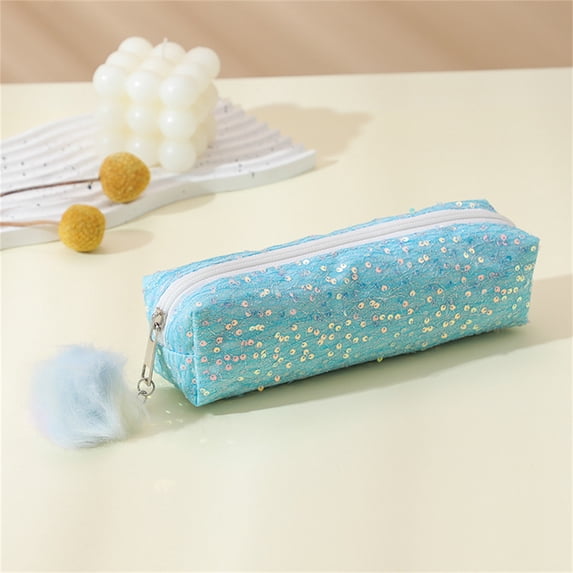 PoyoKee Cute Pencil Case, Large Space Glitter Pencil Pouch with Fuzzy ball Zipper, Style Stationery Storage and Desk Organizer for Classroom, Blue