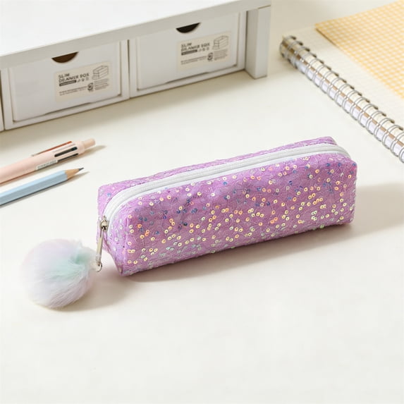 PoyoKee Cute Pencil Case, Large Space Glitter Pencil Pouch with Fuzzy ball Zipper, Style Stationery Storage and Desk Organizer for Classroom, Purple