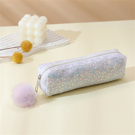 PoyoKee Cute Pencil Case, Large Space Glitter Pencil Pouch with Fuzzy ball Zipper, Style Stationery Storage and Desk Organizer for Classroom, White