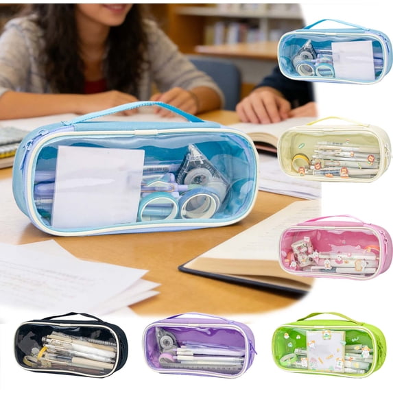 PoyoKee Cute Pencil Case, Transparent Large Capacity Oxford Pencil Pouch, 3-Compartments Pen Bag with Zipper, Desk Organizer for Women Men, Blue