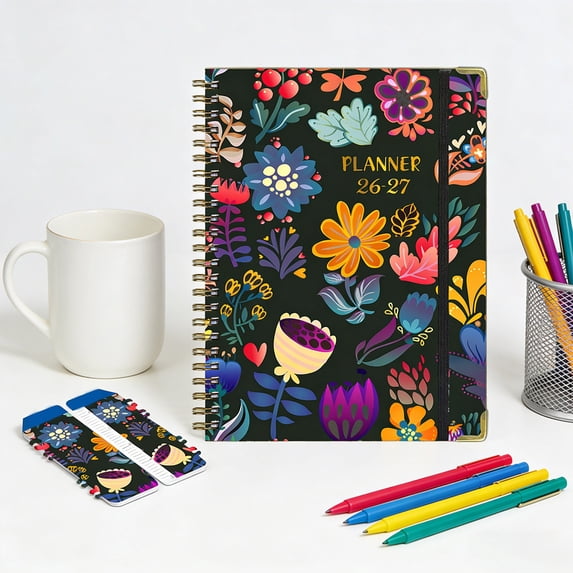 PoyoKee Floral Spiral Notebook, A5 Coil Schedule 2026 Planner, Versatile Ruled Journal Notebook for Work College Office Supplies 200 Pages, Blue