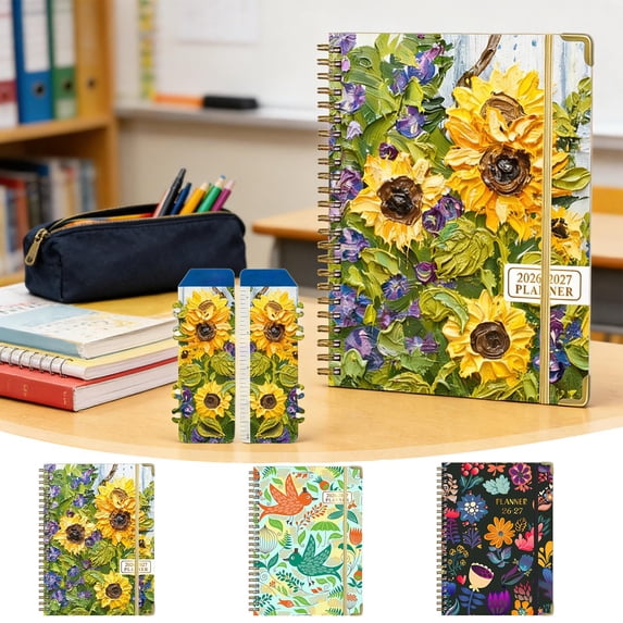 PoyoKee Floral Spiral Notebook, A5 Coil Schedule 2026 Planner, Versatile Ruled Journal Notebook for Work College Office Supplies 200 Pages, Yellow