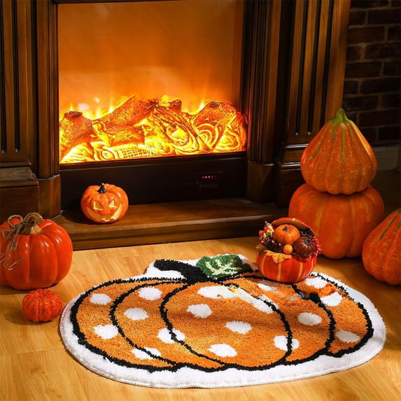 PoyoKee Halloween Bathroom Rugs, Maple Leaf Pumpkin Floor Mat, Soft Non Slip Shower Mat Kitchen Rugs for Bedroom Bathroom Halloween Decorations, 28"