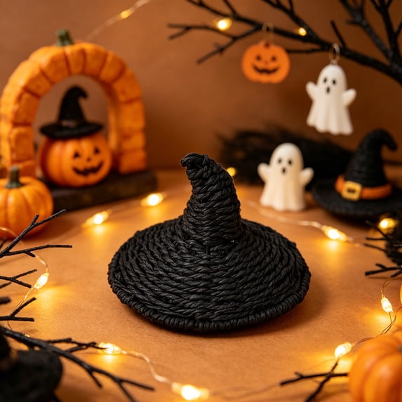 PoyoKee Halloween Decor Witch Hat, 1pc Mini Black Magic Witch Hat Room Decor, Hand Woven Cute Stuff for Dollhouses Fairys Garden Halloween Decorations