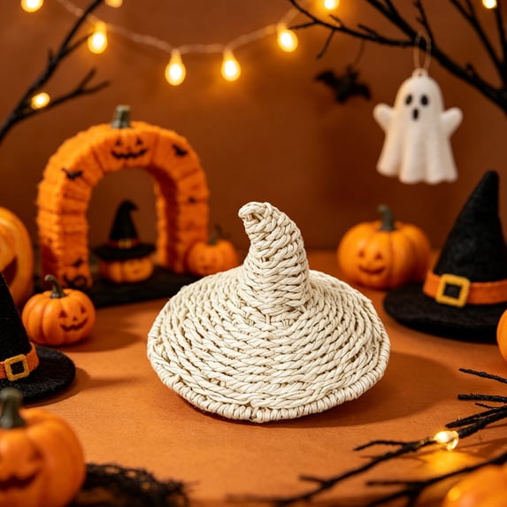 PoyoKee Halloween Decor Witch Hat, 1pc Mini White Magic Witch Hat Room Decor, Hand Woven Cute Stuff for Dollhouses Fairys Garden Halloween Decorations