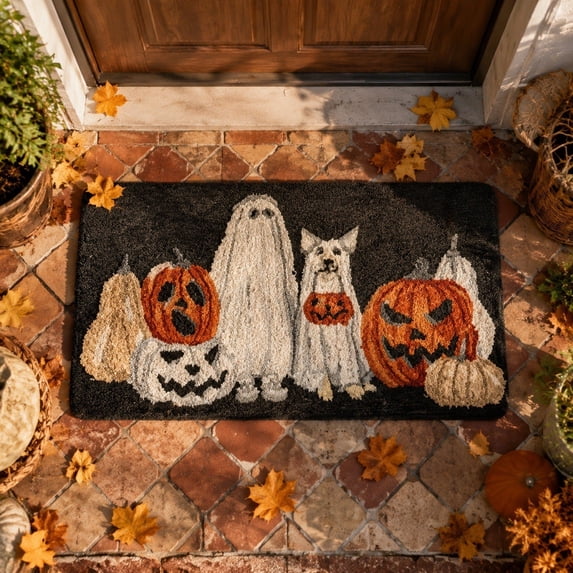 PoyoKee Halloween Front Door Mat, Ghost Jack O Lantern Welcome Mat, Stainproof Bathroom Rugs Kitchen Rug for Entryway Halloween Decorations, 16" x 24"