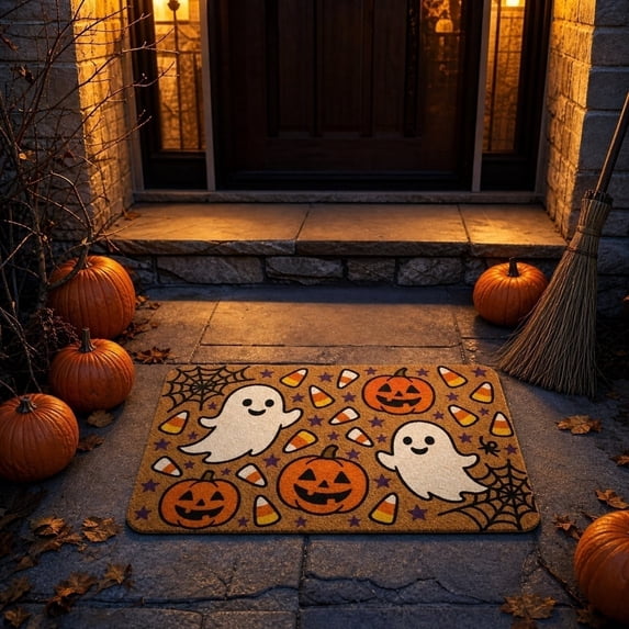 PoyoKee Halloween Front Door Mat, Ghost Jack O Lantern Welcome Mat, Stainproof Bathroom Rugs Kitchen Rug for Entryway Halloween Decorations, 16" x 24"