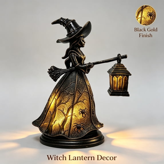 PoyoKee Halloween Witch Lamp, Gothic Witch Hat Night Light, Resin Desk Lamp for Holiday Party Book Shelf Mantel Halloween Decorations Indoor Decor, 8"