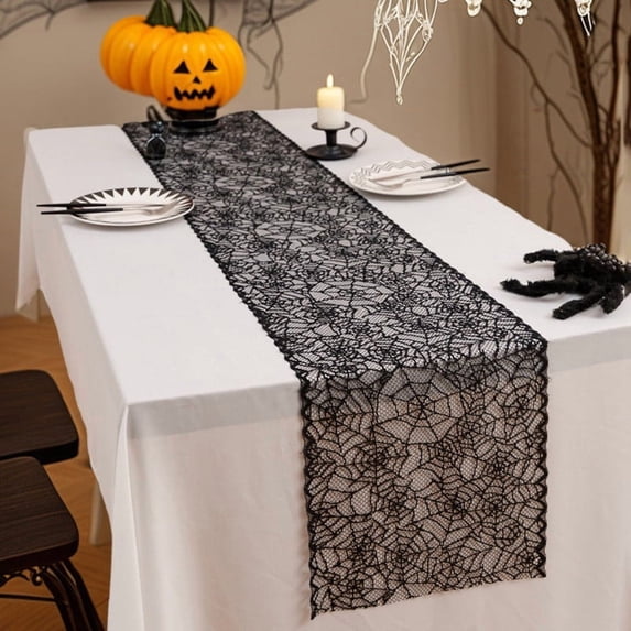 PoyoKee Lace Table Runner, Black Spiderweb Table Cloth, Sheer Mesh Tablecloth, Party Decorations for Kitchen and Dining, Home Decor, 71 x 12 inch