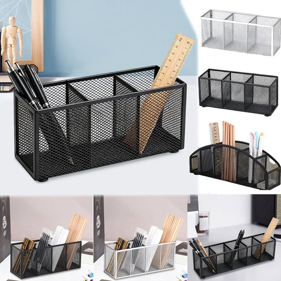 PoyoKee Pen Holder for Desk, 4 Compartment Metal Mesh Pencil Holder, Desk Organizer for Pen Storage Caddy, 9" x 3.7" Office Supplies for Home, Black
