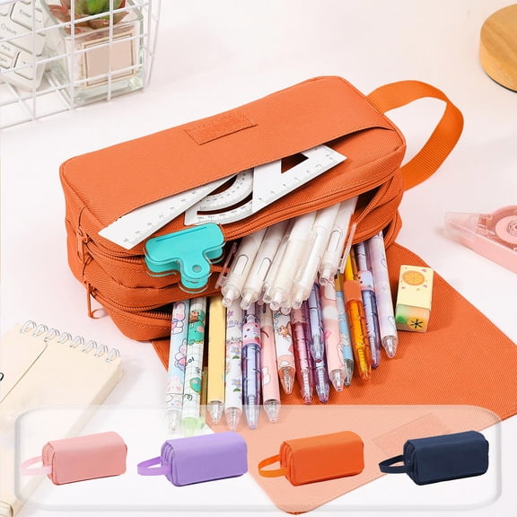 PoyoKee Pencil Case, Solid Color 3 Tier Flip Top Pencil Pouch, Handle Style Large Capacity Classroom Must Haves Cute Stuff, Desk Organizer - Orange