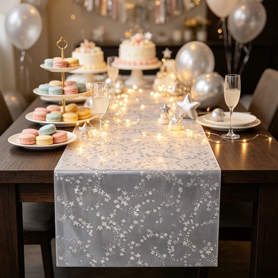 PoyoKee Sheer Table Runner 118" x 11", Sheer Star Table Cloth, Golden Organza Tablecloth, Party Decorations for Kitchen and Dining Home Decor Wedding